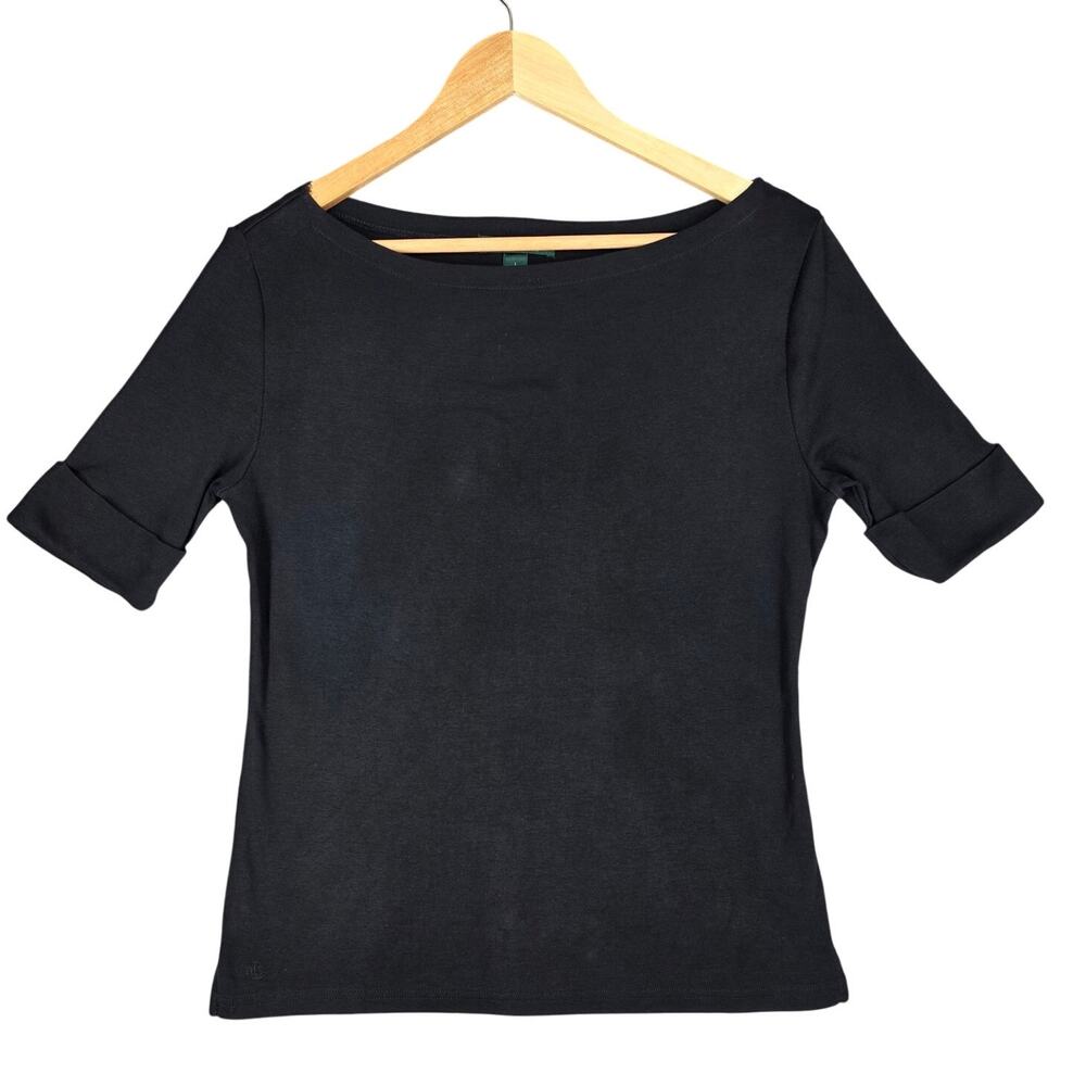 LAUREN RALPH LAUREN COTTON KNIT TOP – BLACK – WOMEN’S L – Classic CLASSIC SHIRT